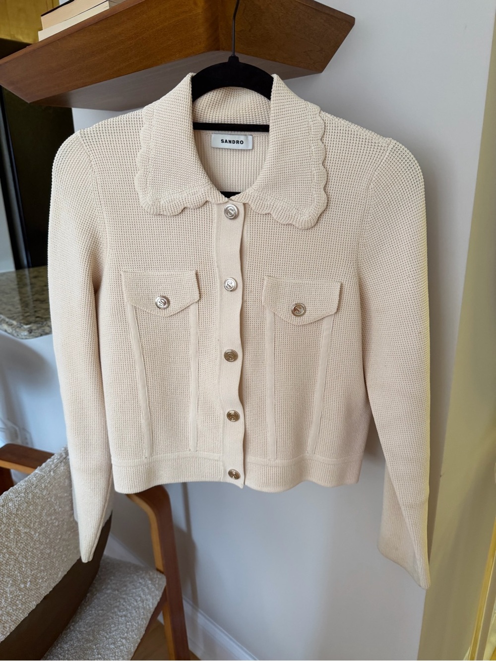 Sandro Cream Scalloped Collar Cropped Jacket - Picture 2 of 8